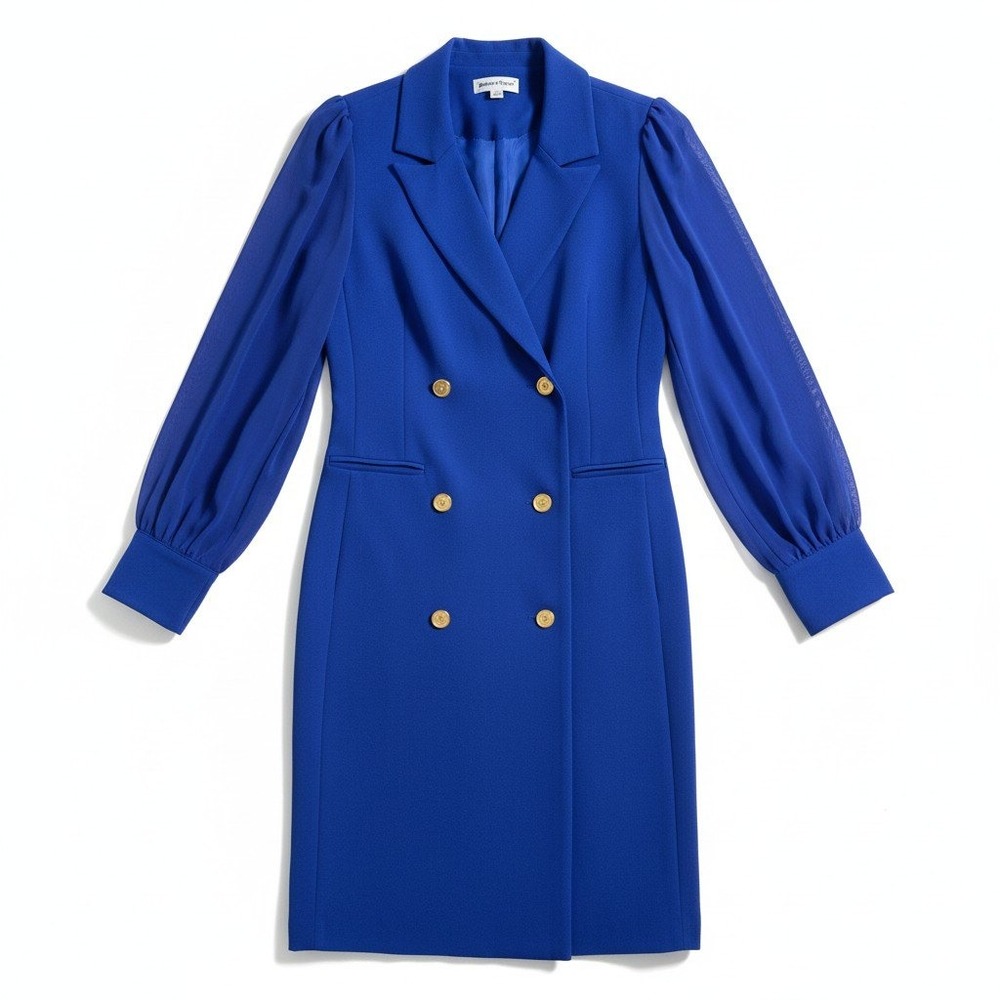 Shelby & Palmer Blazer Dress 10 Colbolt Blue Double Breasted Sheer Sleeve